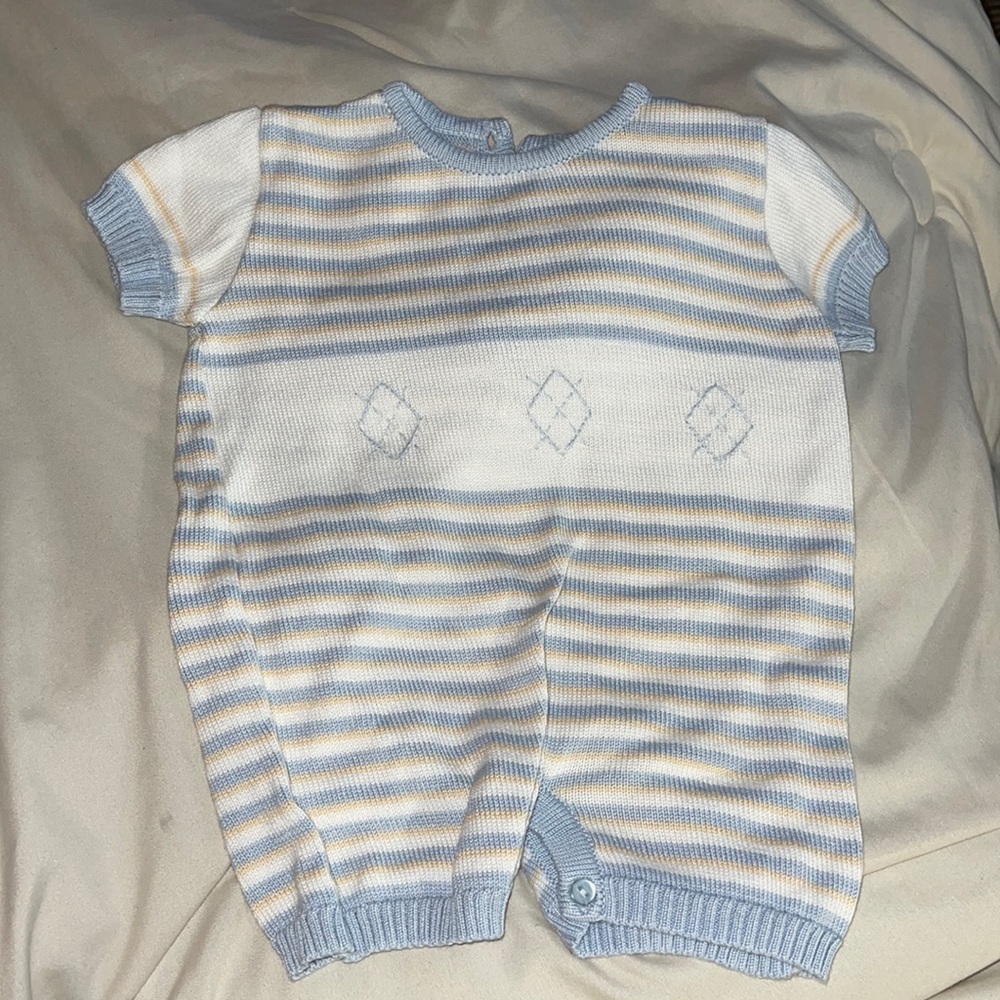 Strasbourg sweater romper baby blue, white & tan 6 months